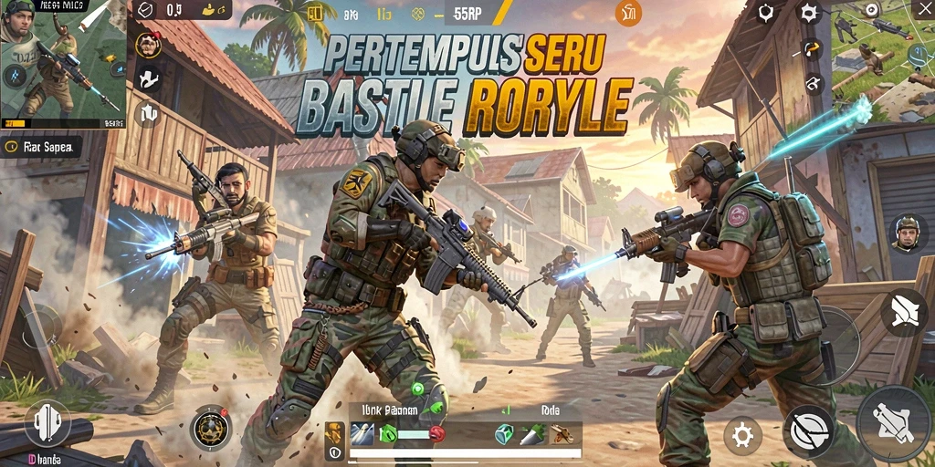 Gameplay seru dan strategis dalam 55RP, menampilkan aksi Battle Royale intens.