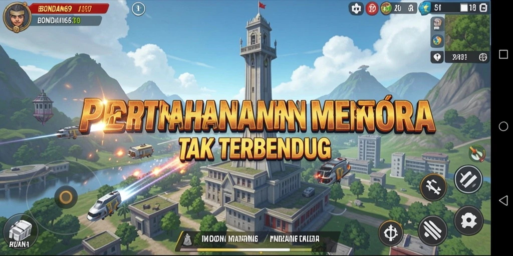 Screenshot utama menunjukkan pertahanan menara yang epik dalam BONDAN69.