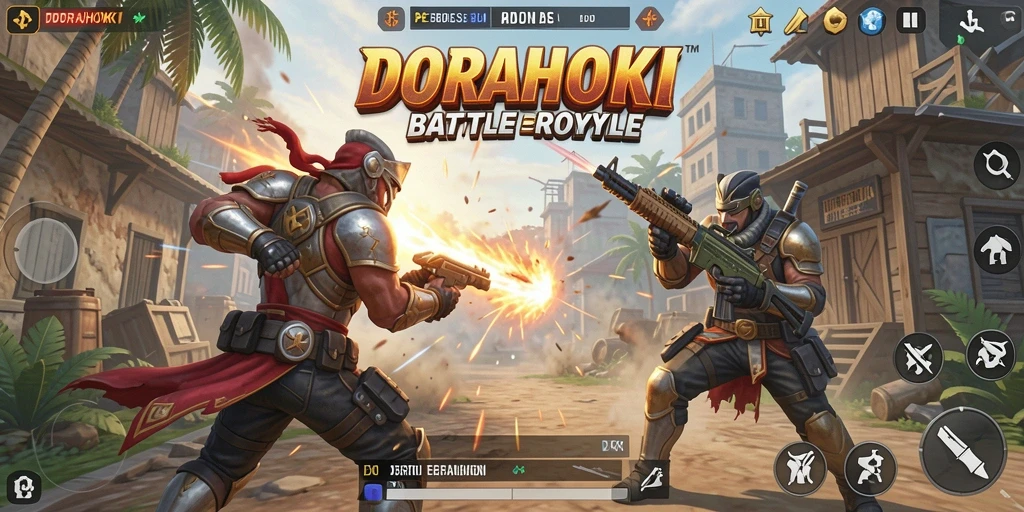 Screenshot DORAHOKI menampilkan aksi pertempuran mendebarkan dalam Battle Royale.