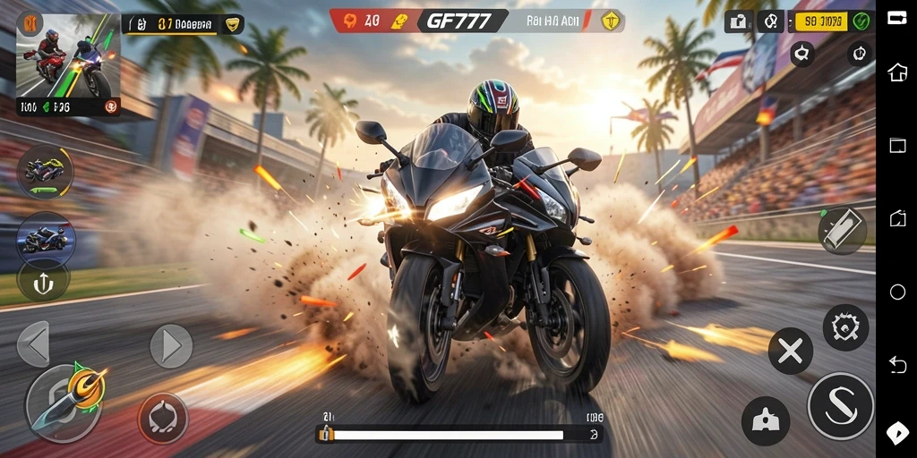 Gameplay GF777 menampilkan aksi balapan motor yang mendebarkan dan realistis.
