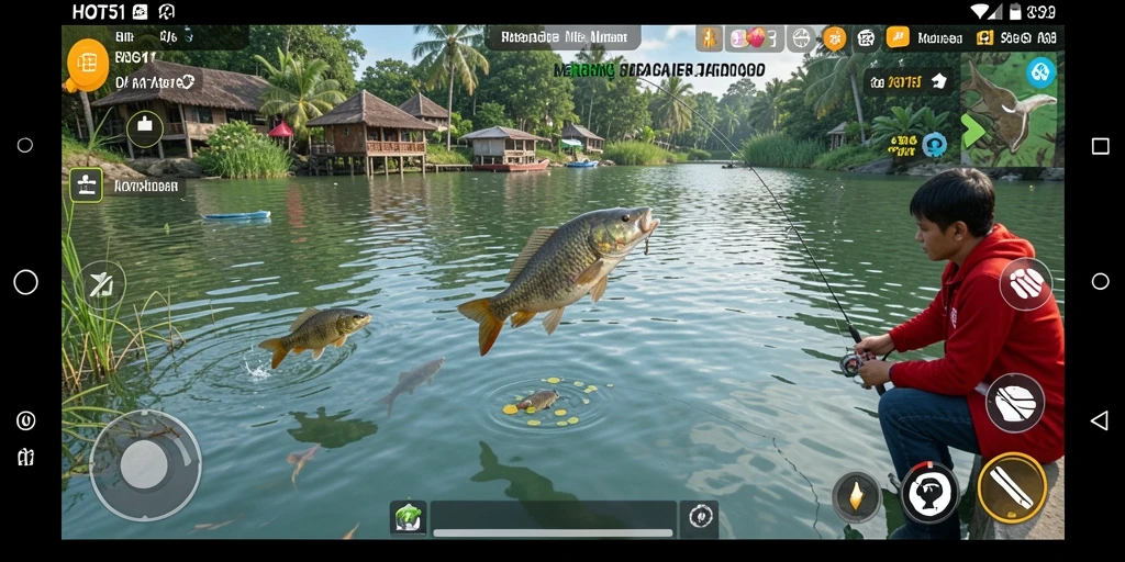 Tampilan gameplay HOT51 dengan berbagai lokasi memancing dan ikan yang berbeda.