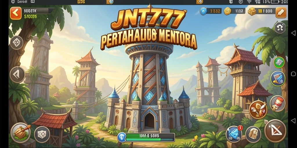 Screenshot gameplay JNT777 menampilkan pertahanan menara yang strategis.