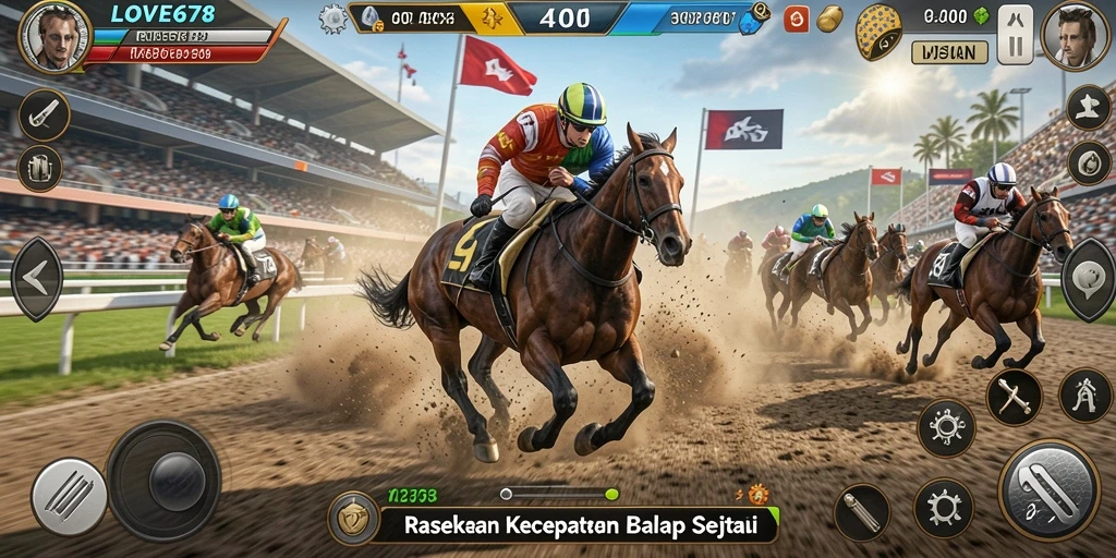 Screenshot menunjukkan aksi balapan intens dalam LOVE678.