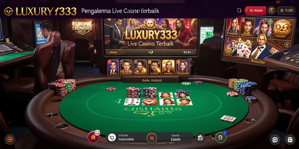 Screenshot gameplay LUXURY333 menampilkan dealer langsung dan pemain yang berinteraksi di meja kasino.
