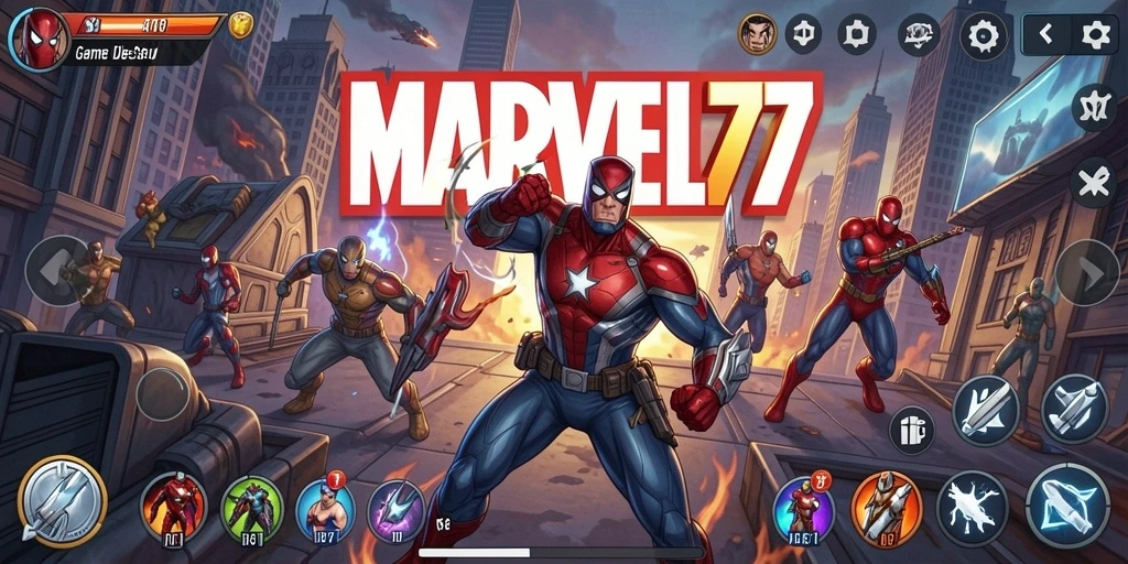 Tampilan permainan Idle MARVEL77 dengan karakter superhero bertarung.