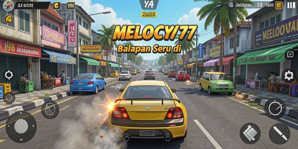 Tampilan gameplay seru di <strong>MELODY77</strong>, dengan balapan yang mendebarkan.