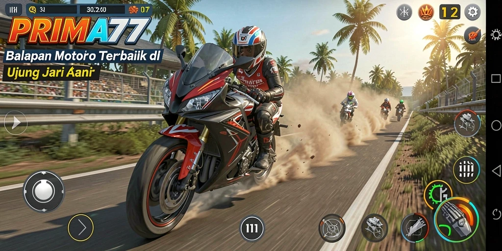 Screenshot gameplay PRIMA77 menampilkan balapan motor yang mendebarkan.
