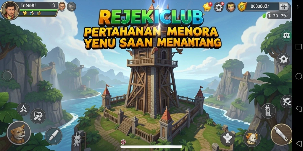 Screenshot gameplay REJEKICLUB dengan menara berfungsi dengan baik.