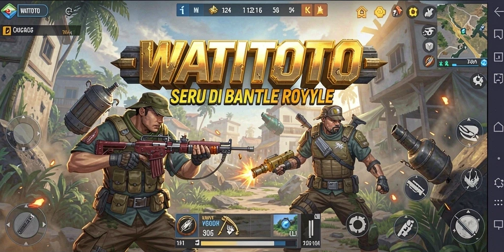 Screenshot gameplay WATITOTO menampilkan aksi seru dalam pertarungan Battle Royale.
